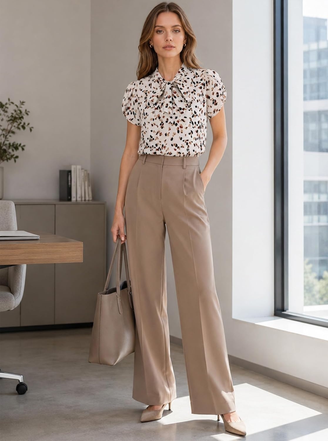 image:imageAvanova Women Short Sleeve Blouses Tie Neck Petal Tulip Sleeve Tops Work Business ShirtsKhaki Print