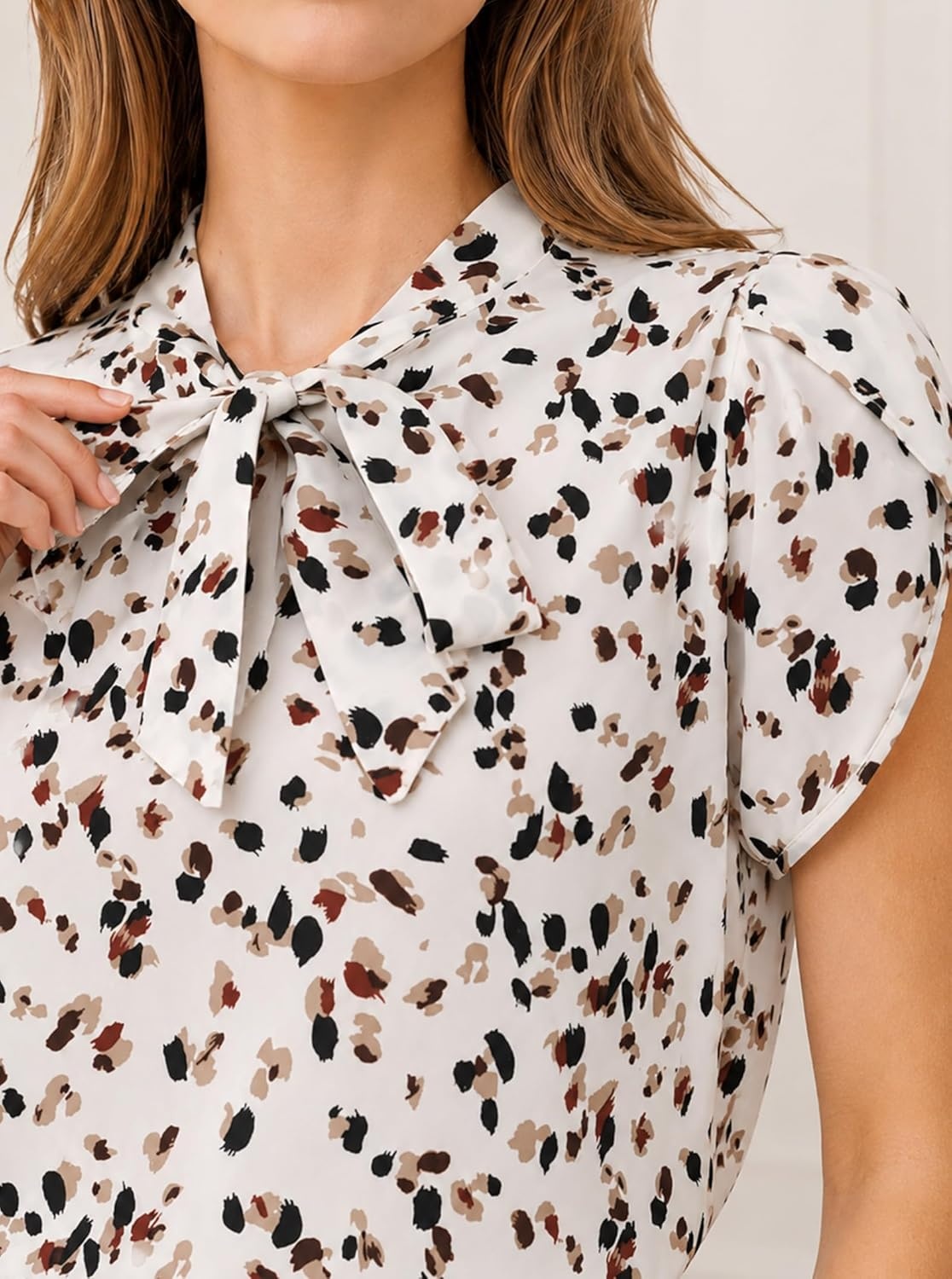 image:imageAvanova Women Short Sleeve Blouses Tie Neck Petal Tulip Sleeve Tops Work Business ShirtsKhaki Print