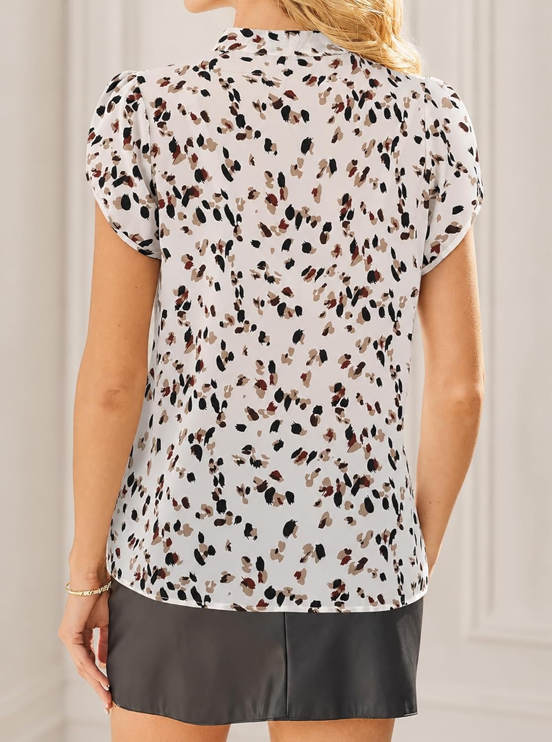 image:imageAvanova Women Short Sleeve Blouses Tie Neck Petal Tulip Sleeve Tops Work Business ShirtsKhaki Print