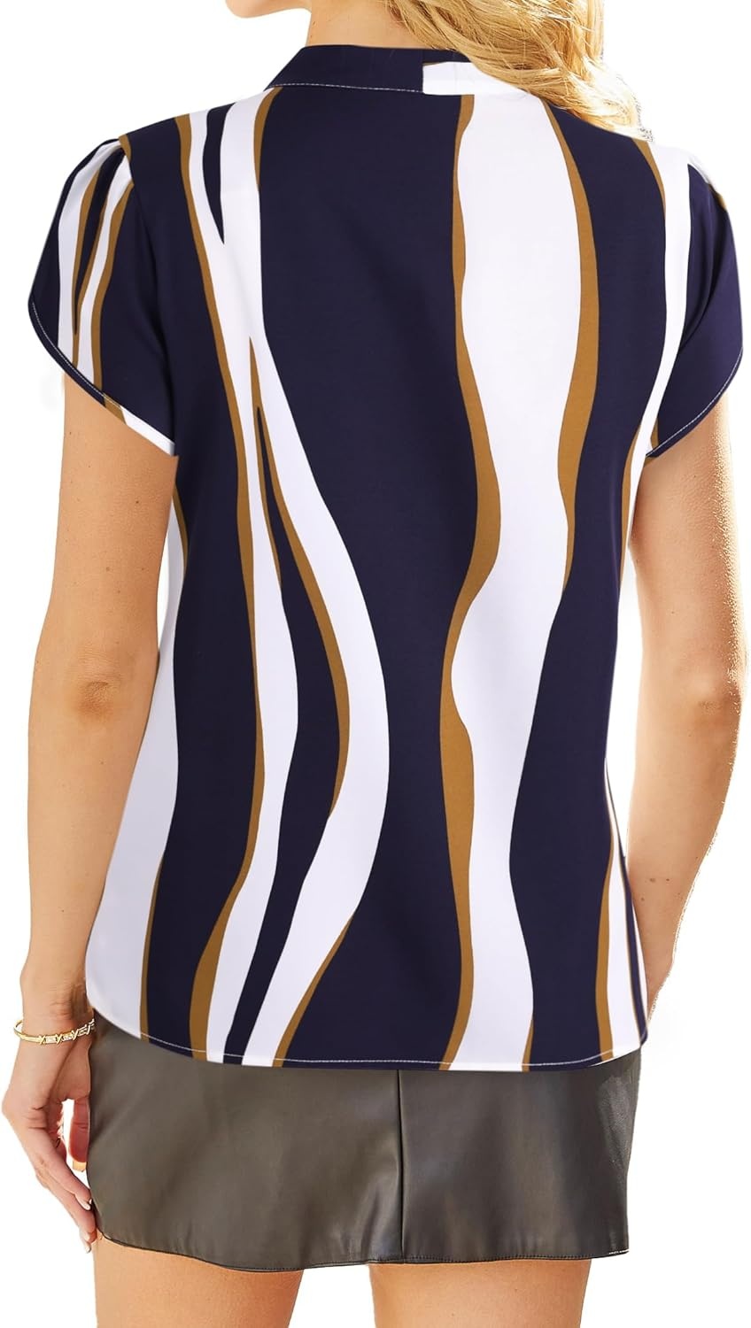 image:imageAvanova Women Short Sleeve Blouses Tie Neck Petal Tulip Sleeve Tops Work Business ShirtsMulticolor Striped