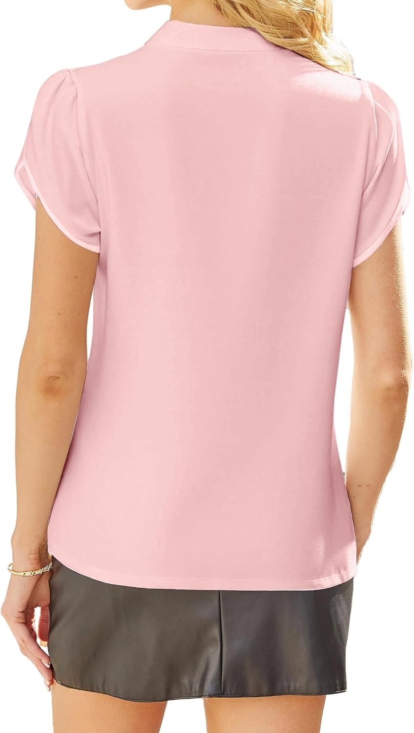 image:imageAvanova Women Short Sleeve Blouses Tie Neck Petal Tulip Sleeve Tops Work Business ShirtsPink