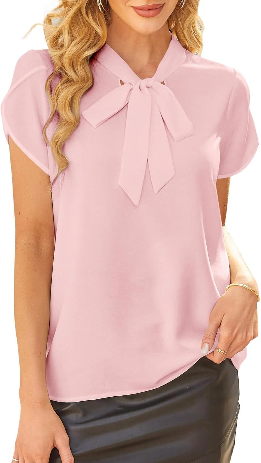 image:imageAvanova Women Short Sleeve Blouses Tie Neck Petal Tulip Sleeve Tops Work Business ShirtsPink