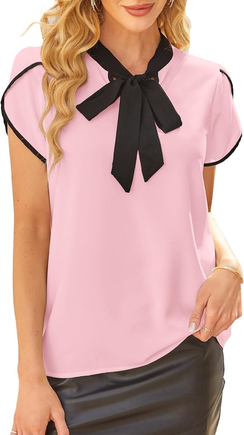 image:imageAvanova Women Short Sleeve Blouses Tie Neck Petal Tulip Sleeve Tops Work Business ShirtsPink Black