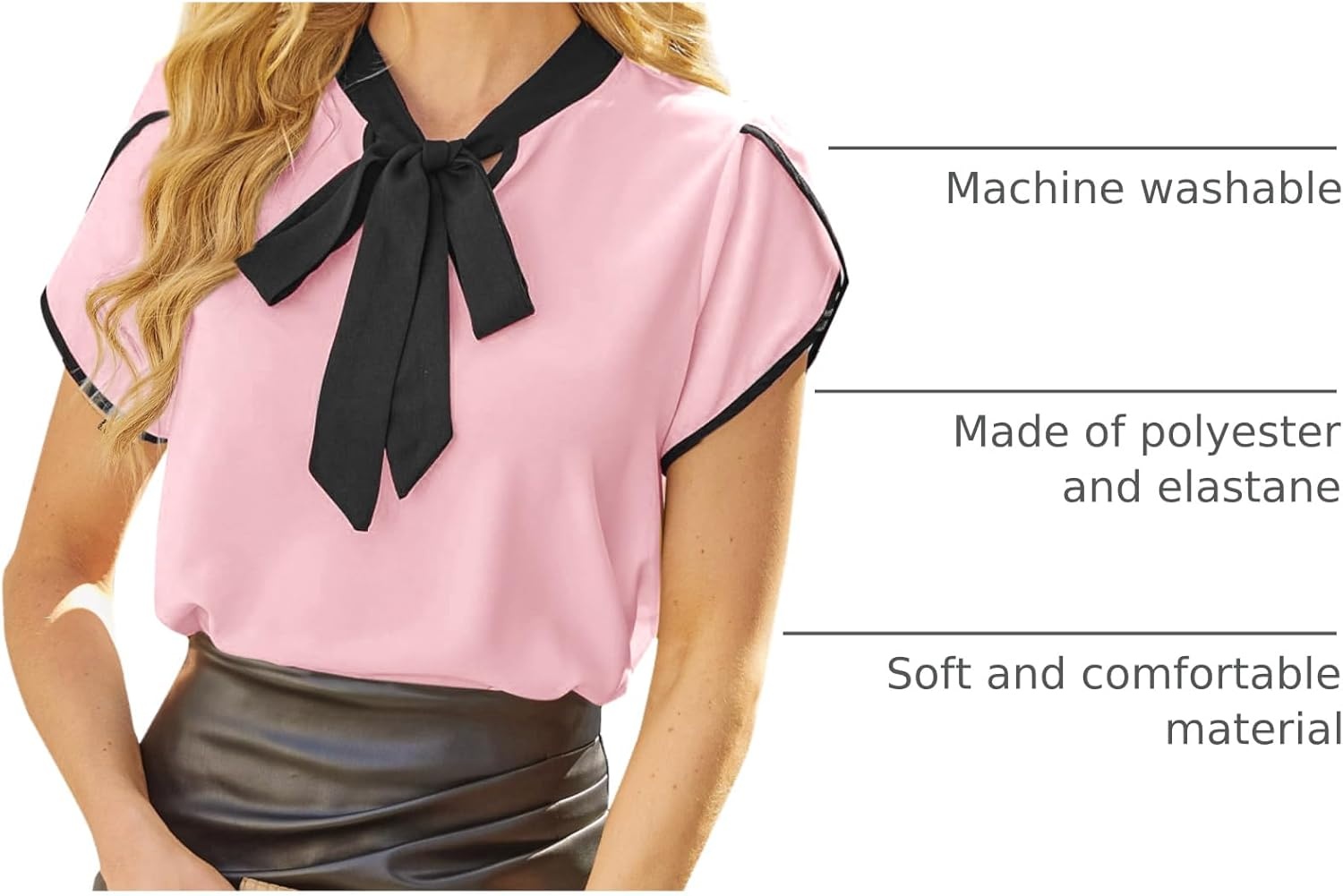 image:imageAvanova Women Short Sleeve Blouses Tie Neck Petal Tulip Sleeve Tops Work Business ShirtsPink Black