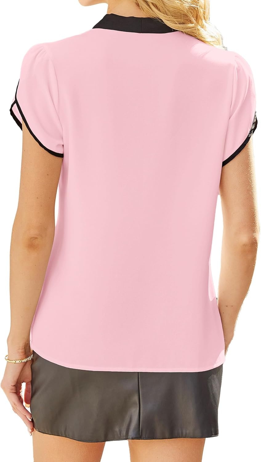 image:imageAvanova Women Short Sleeve Blouses Tie Neck Petal Tulip Sleeve Tops Work Business ShirtsPink Black