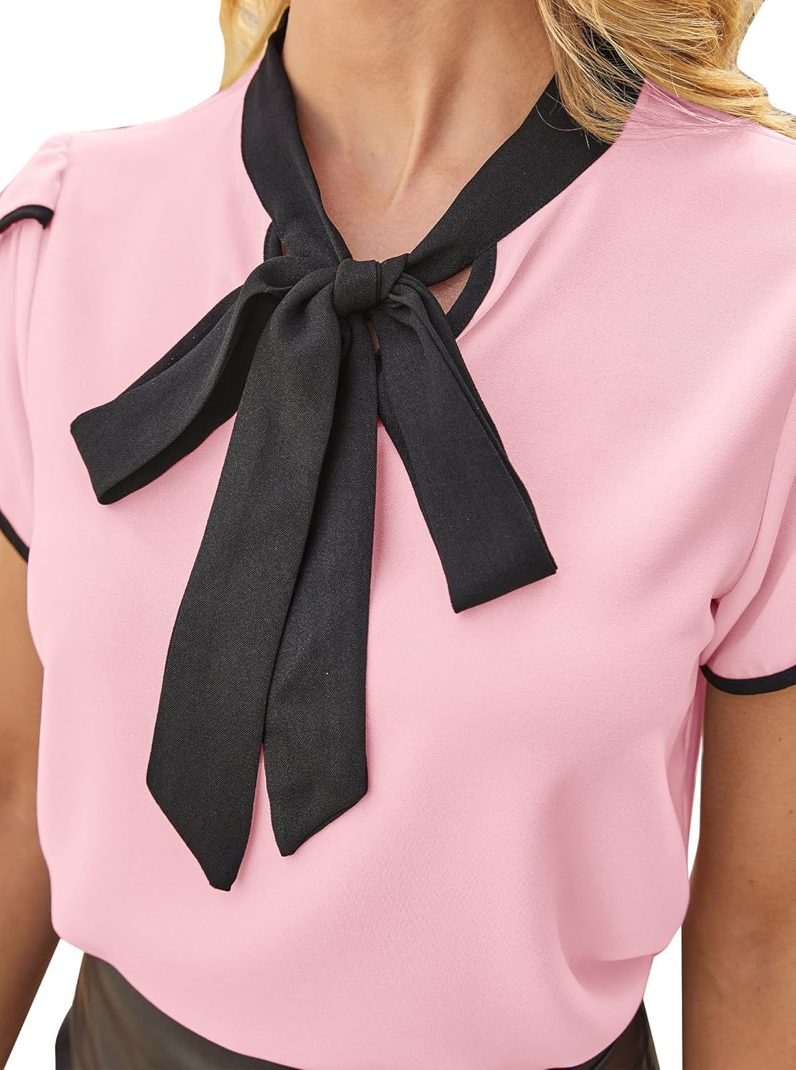image:imageAvanova Women Short Sleeve Blouses Tie Neck Petal Tulip Sleeve Tops Work Business ShirtsPink Black