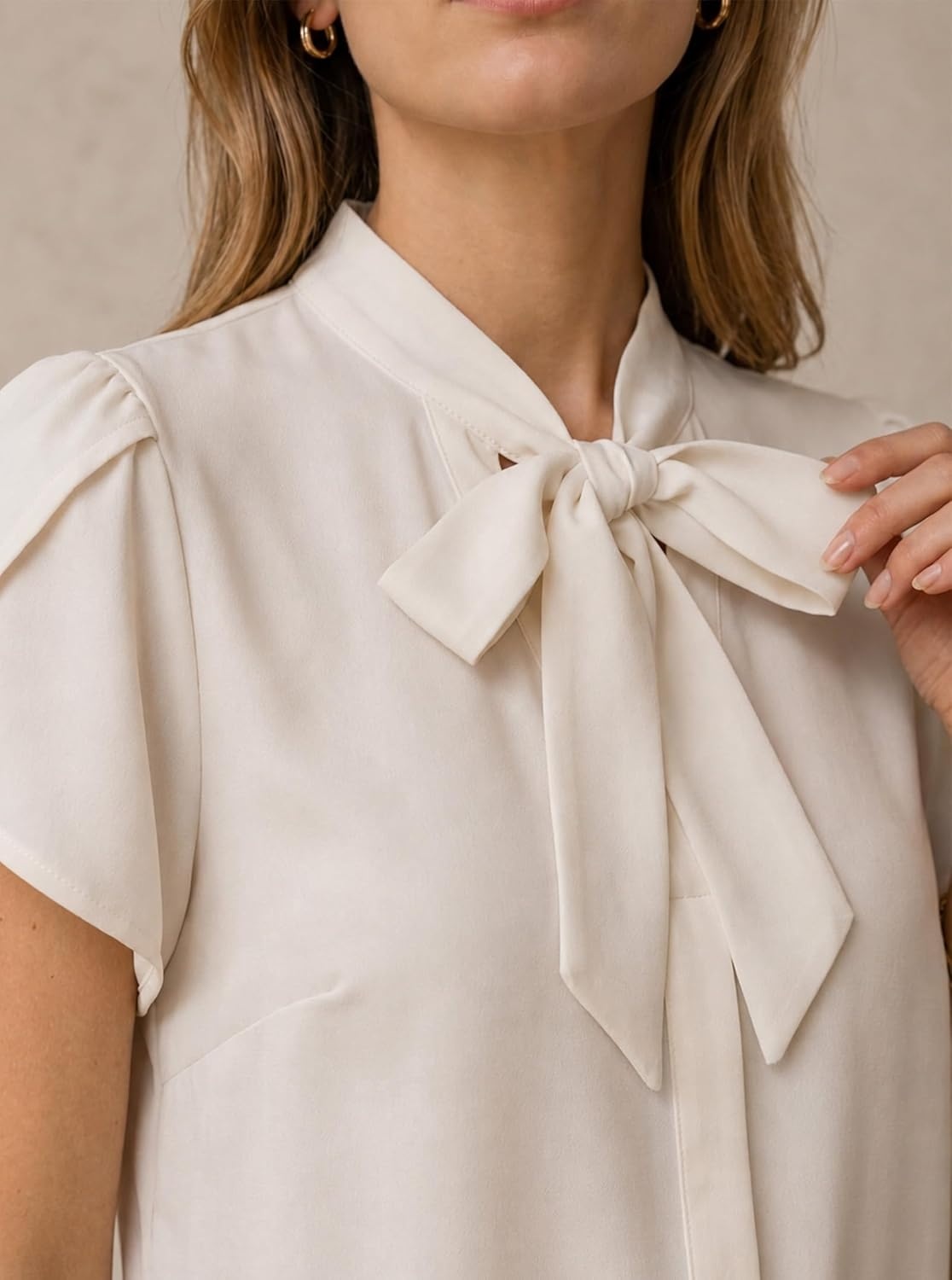 image:imageAvanova Women Short Sleeve Blouses Tie Neck Petal Tulip Sleeve Tops Work Business ShirtsSolid White