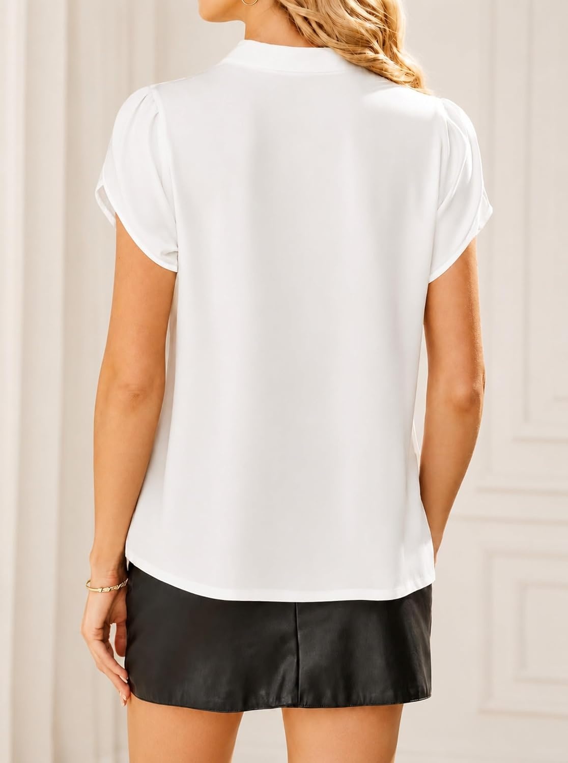 image:imageAvanova Women Short Sleeve Blouses Tie Neck Petal Tulip Sleeve Tops Work Business ShirtsSolid White