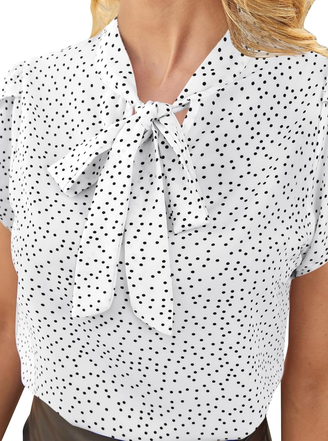 image:imageAvanova Women Short Sleeve Blouses Tie Neck Petal Tulip Sleeve Tops Work Business ShirtsWhite Polka Dot
