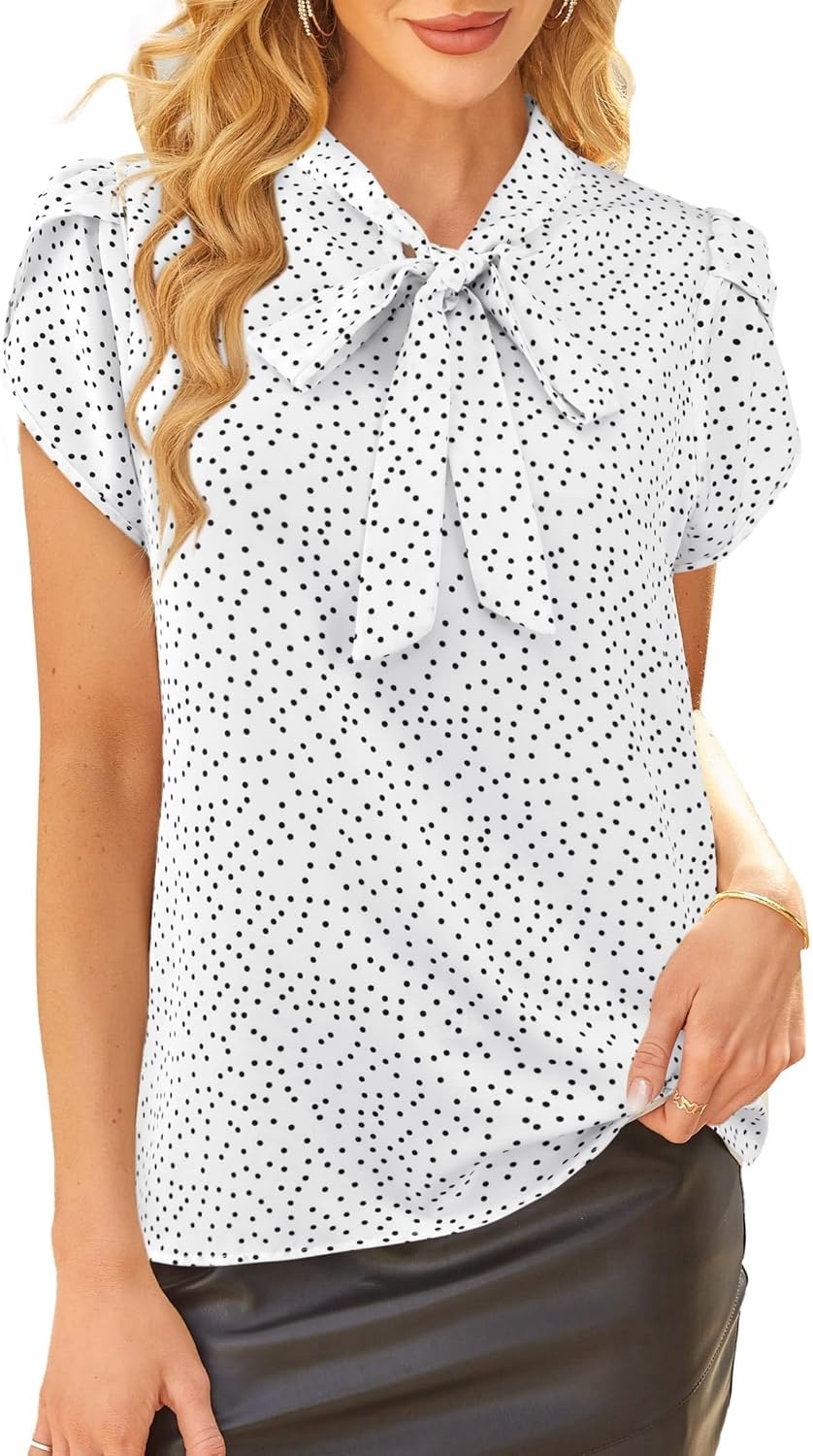 image:imageAvanova Women Short Sleeve Blouses Tie Neck Petal Tulip Sleeve Tops Work Business ShirtsWhite Polka Dot