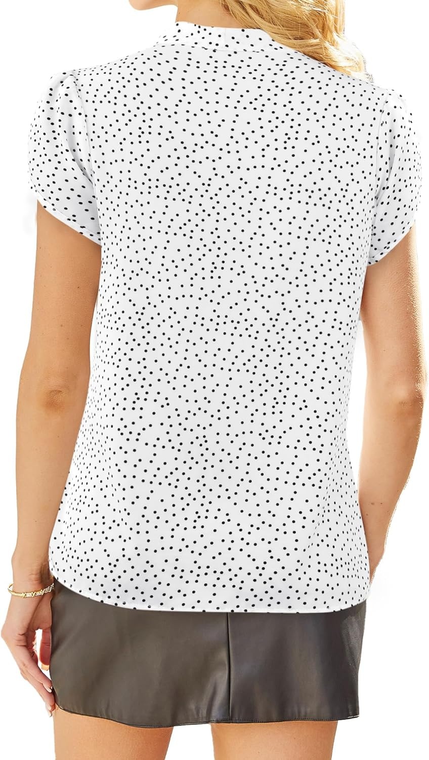 image:imageAvanova Women Short Sleeve Blouses Tie Neck Petal Tulip Sleeve Tops Work Business ShirtsWhite Polka Dot