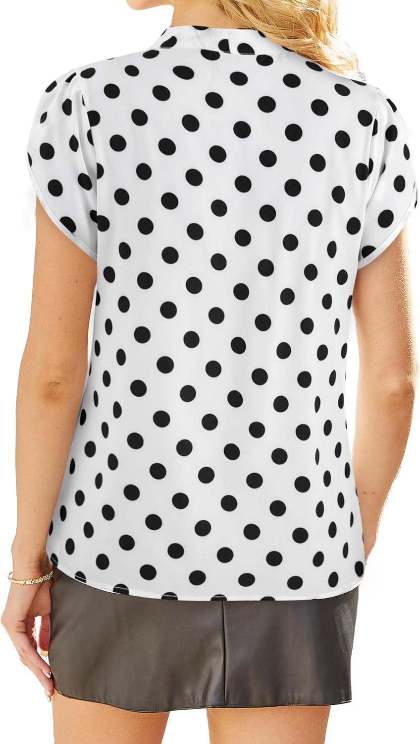 image:imageAvanova Women Short Sleeve Blouses Tie Neck Petal Tulip Sleeve Tops Work Business ShirtsWhite Polka Dots
