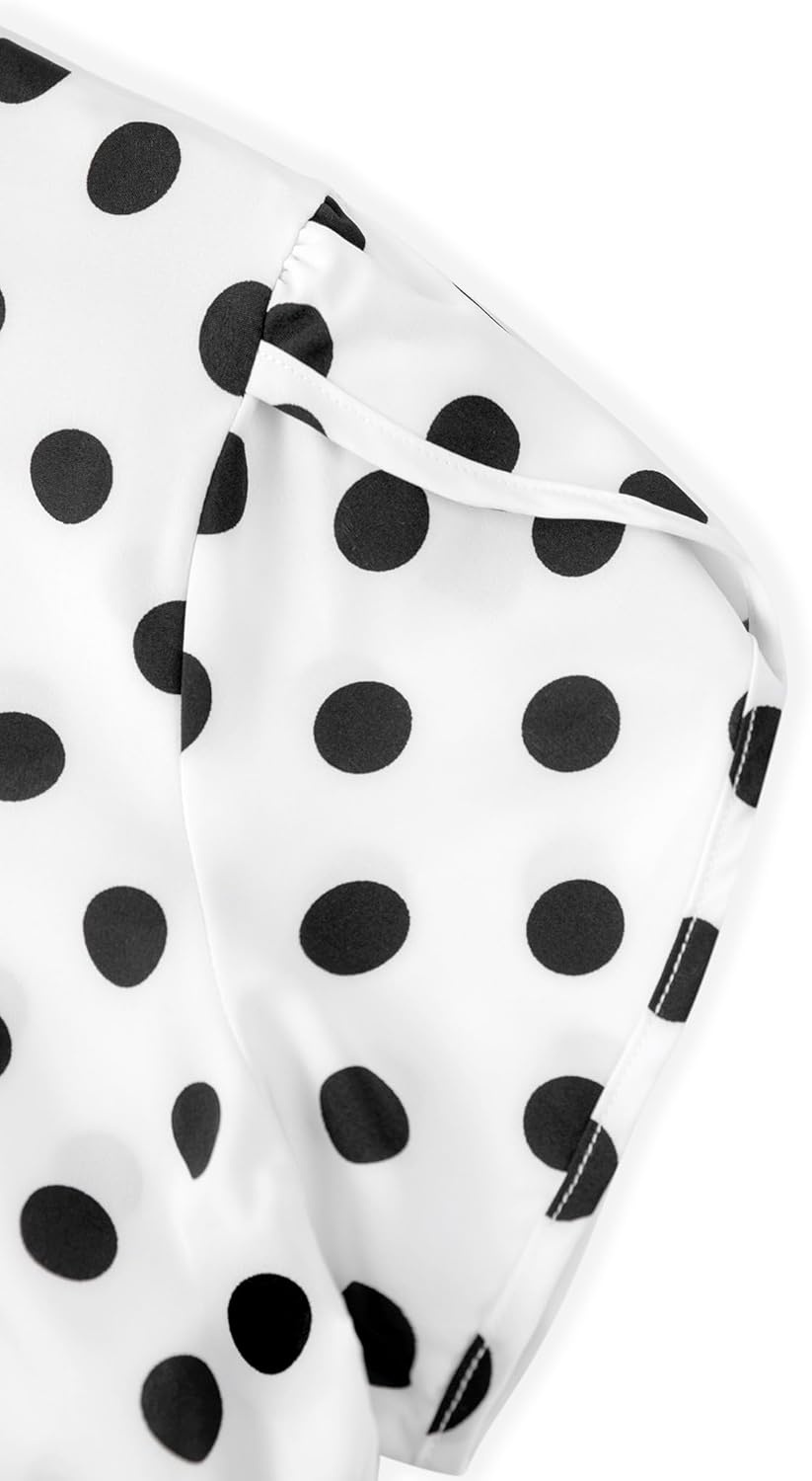 image:imageAvanova Women Short Sleeve Blouses Tie Neck Petal Tulip Sleeve Tops Work Business ShirtsWhite Polka Dots