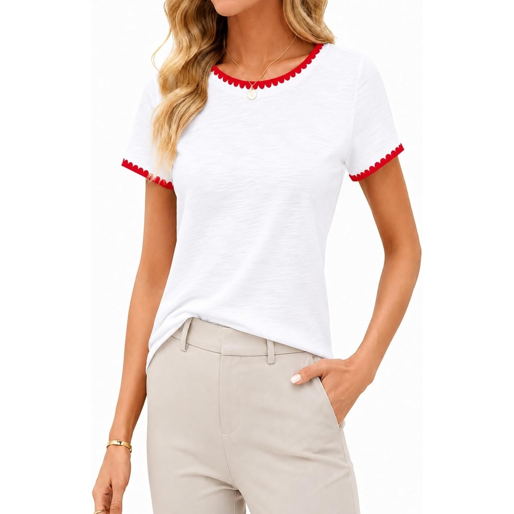 image:imageAvanova Ringer Tee Women Contrast Trim Short Sleeve Shirts Casual Summer Cotton T ShirtWhite Red