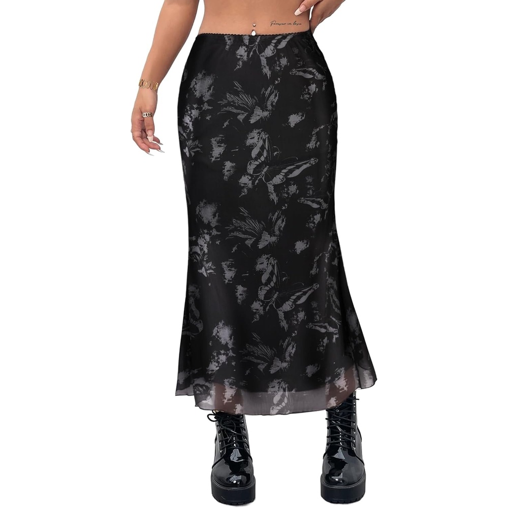 image:imageAvanova Women Boho Floral Mesh Long Skirts Elastic High Waisted Mermaid Hem 90s Grunge Maxi SkirtBlack Grey