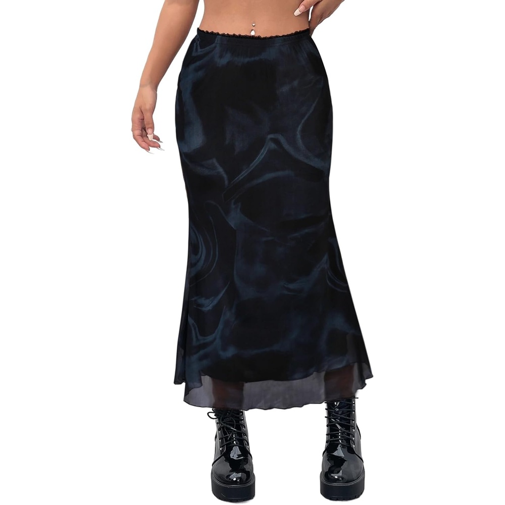 image:imageAvanova Women Boho Floral Mesh Long Skirts Elastic High Waisted Mermaid Hem 90s Grunge Maxi SkirtBlue Black
