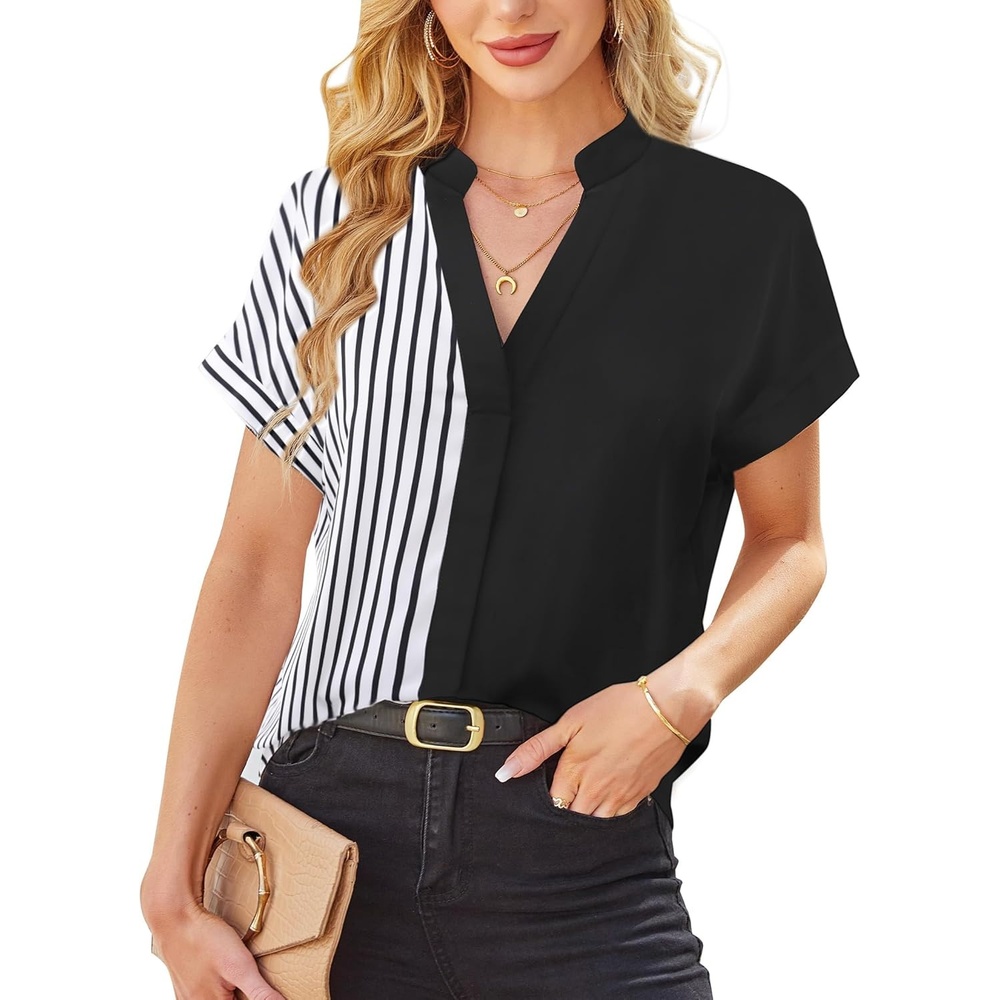 image:imageAvanova Women Color Block V Neck Short Sleeve Blouses Shirts Work Elegant Dressy TopsBlack Striped