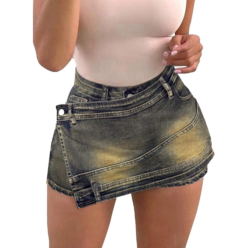 image:imageAvanova Women Denim Mini Skirt Jean Skort Sexy High Waist Asymmetrical Wrap Stretch Short SkirtsGrey