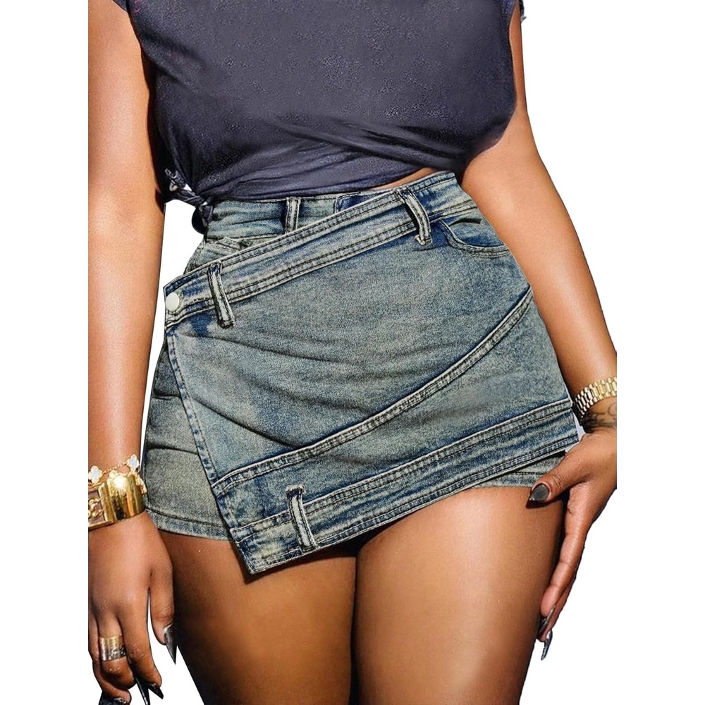 image:imageAvanova Women Denim Mini Skirt Jean Skort Sexy High Waist Asymmetrical Wrap Stretch Short SkirtsGrey C