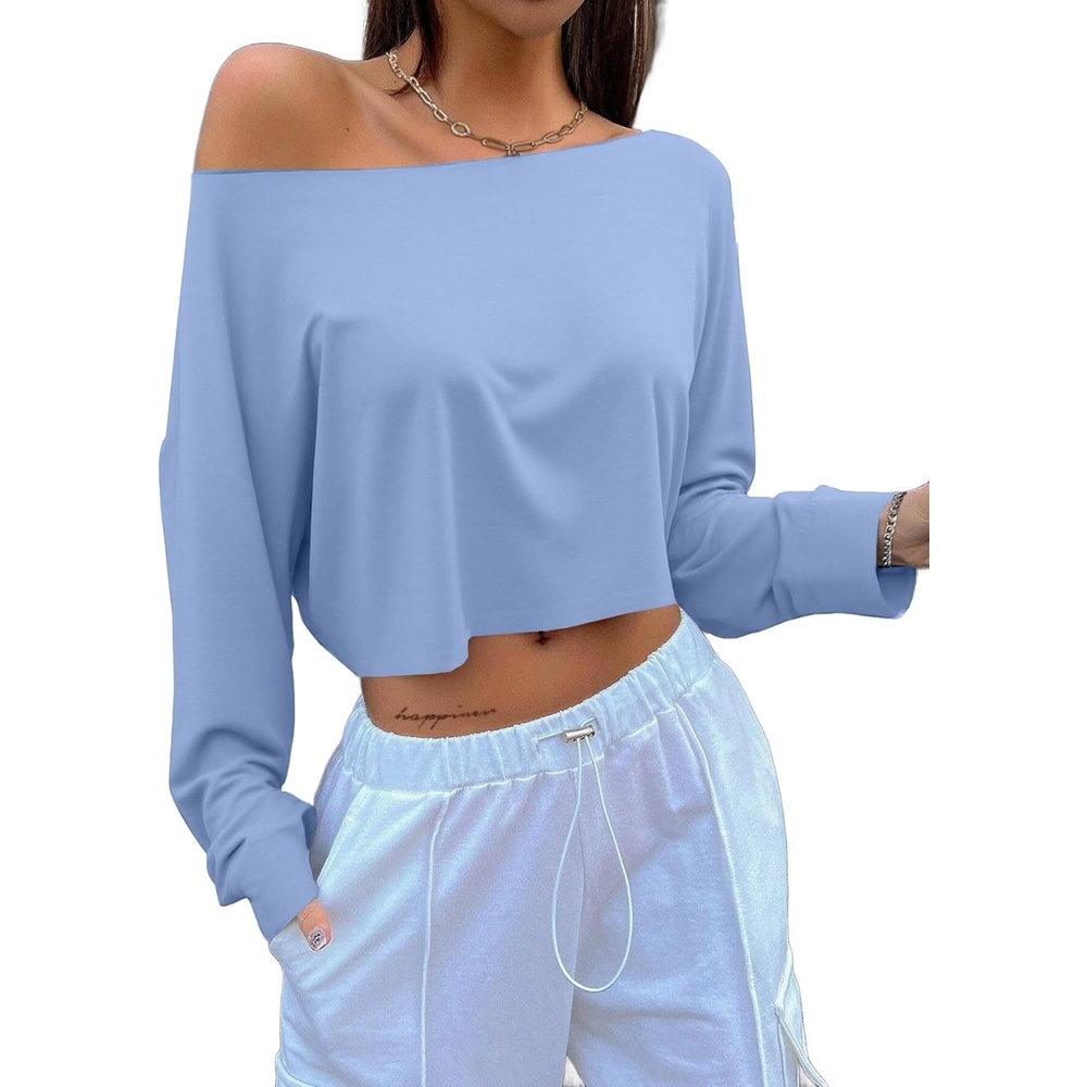 image:imageAvanova Women Off The Shoulder Crop Tops Long Sleeve T Shirts Oversized Loose TeeBaby Blue