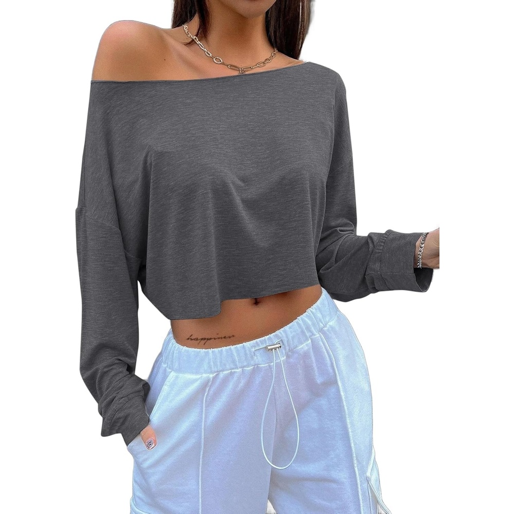 image:imageAvanova Women Off The Shoulder Crop Tops Long Sleeve T Shirts Oversized Loose TeeDrak Grey