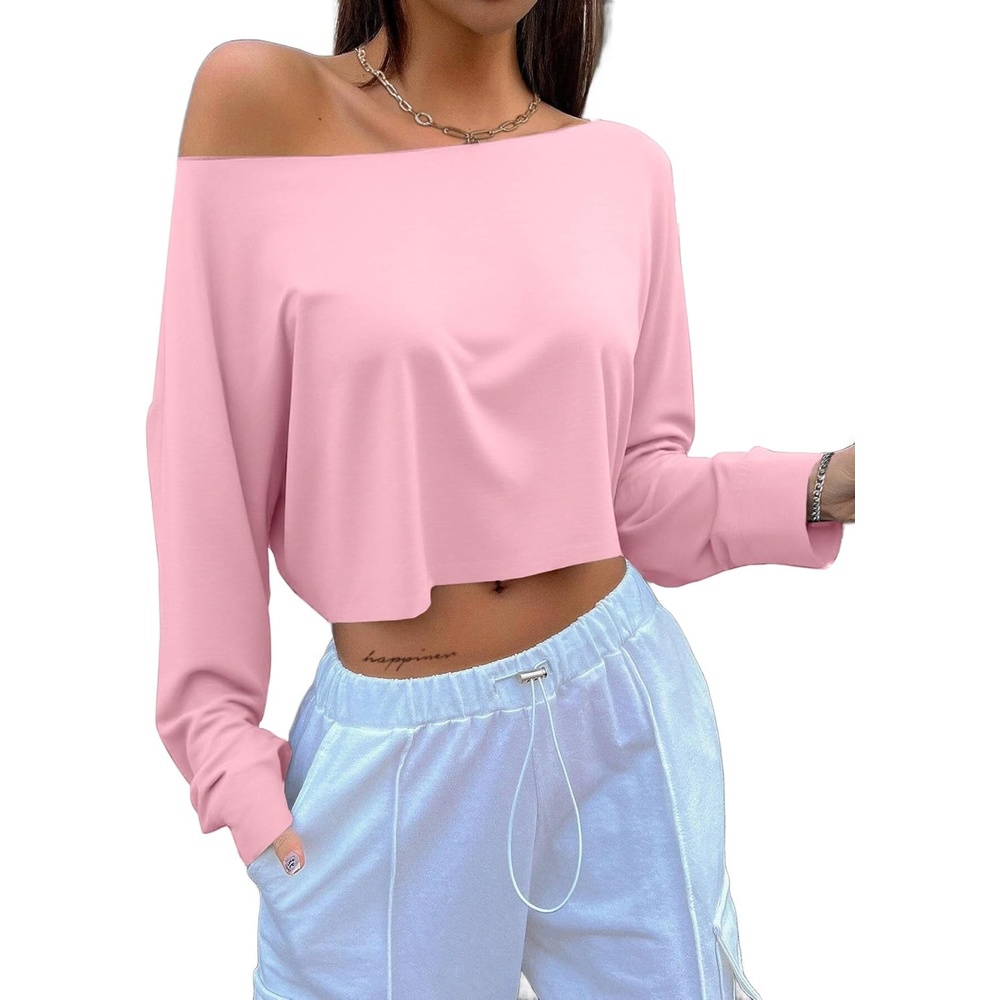 image:imageAvanova Women Off The Shoulder Crop Tops Long Sleeve T Shirts Oversized Loose TeePink