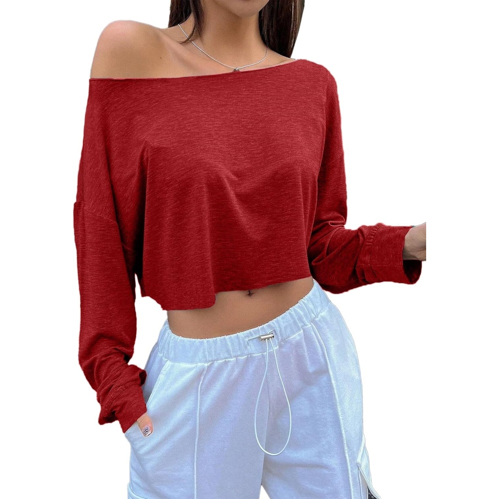 image:imageAvanova Women Off The Shoulder Crop Tops Long Sleeve T Shirts Oversized Loose TeeRed