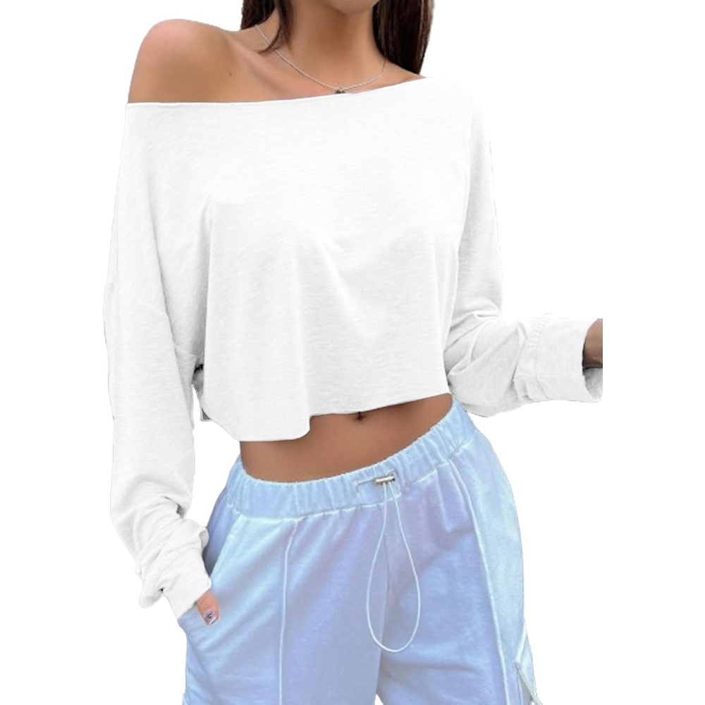 image:imageAvanova Women Off The Shoulder Crop Tops Long Sleeve T Shirts Oversized Loose TeeWhite