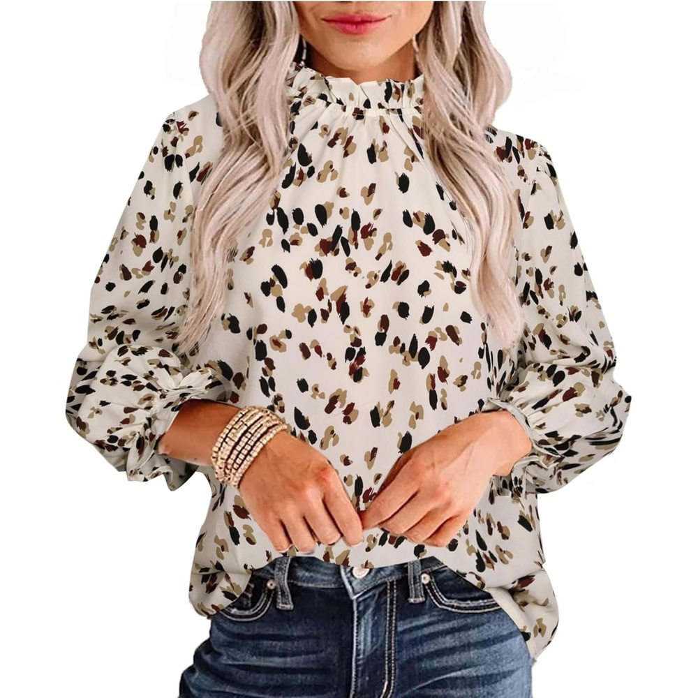 image:imageAvanova Women Polka Dot Long Sleeve Blouse Shirts Work Mock Neck Ruffle TopBeige Dots