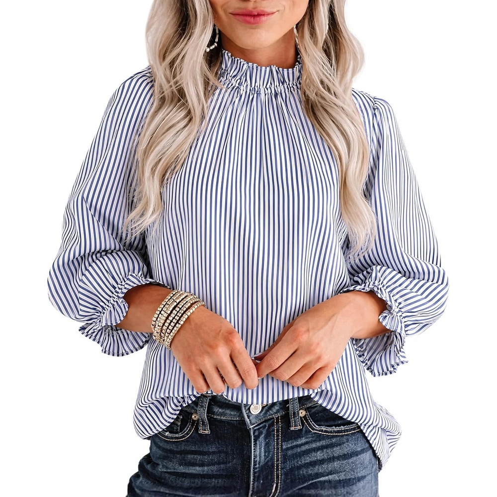 image:imageAvanova Women Polka Dot Long Sleeve Blouse Shirts Work Mock Neck Ruffle TopBlue Striped