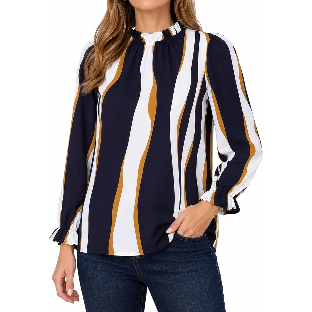 image:imageAvanova Women Polka Dot Long Sleeve Blouse Shirts Work Mock Neck Ruffle TopBlue White