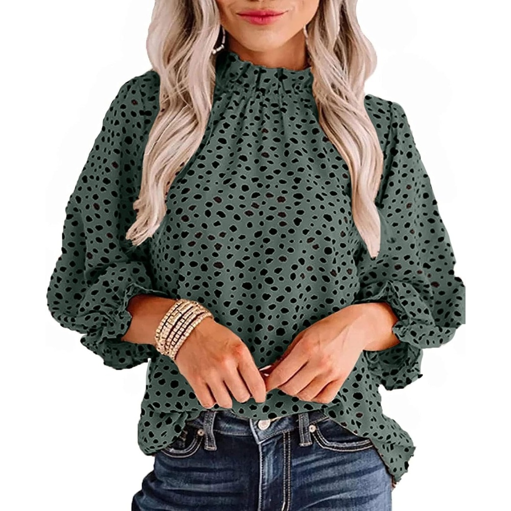 image:imageAvanova Women Polka Dot Long Sleeve Blouse Shirts Work Mock Neck Ruffle TopLeopard Green