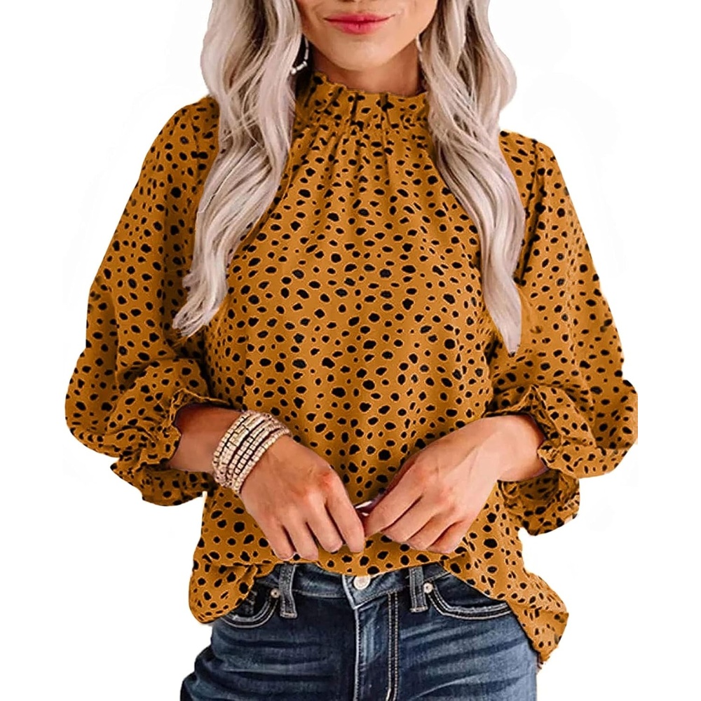 image:imageAvanova Women Polka Dot Long Sleeve Blouse Shirts Work Mock Neck Ruffle TopLeopard Yellow