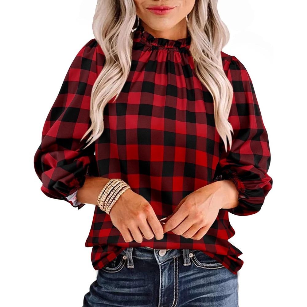 image:imageAvanova Women Polka Dot Long Sleeve Blouse Shirts Work Mock Neck Ruffle TopRed Black