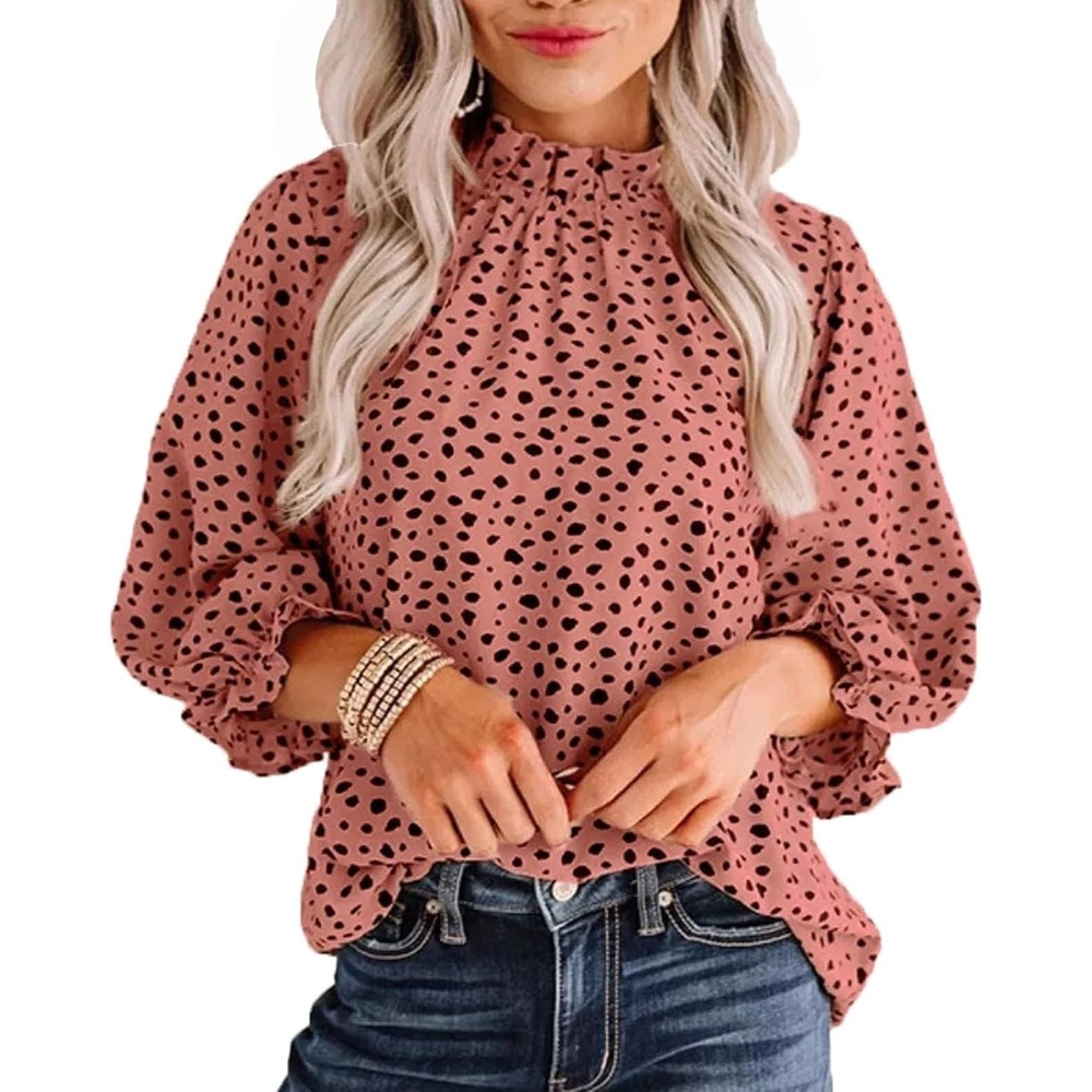 image:imageAvanova Women Polka Dot Long Sleeve Blouse Shirts Work Mock Neck Ruffle TopRust Red
