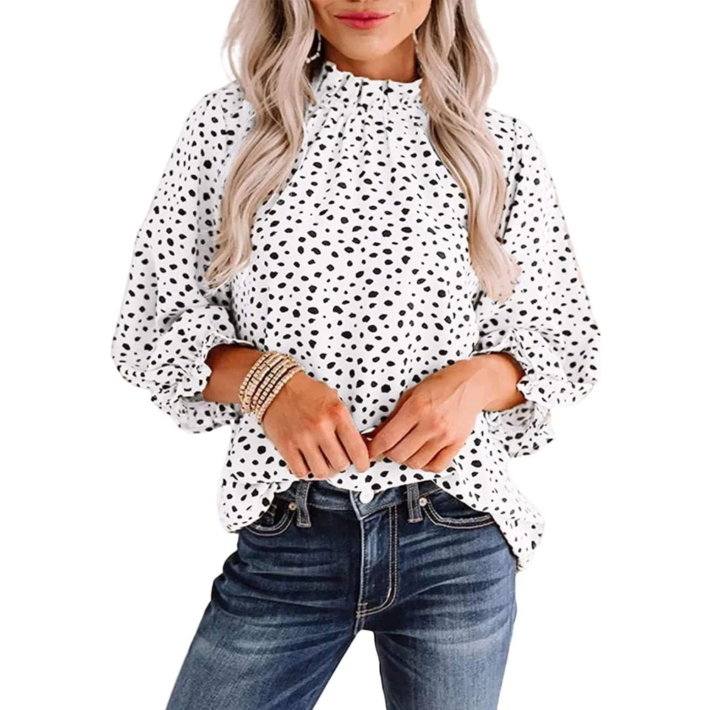 image:imageAvanova Women Polka Dot Long Sleeve Blouse Shirts Work Mock Neck Ruffle TopWhite