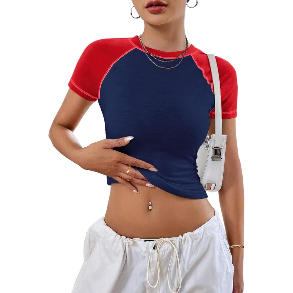 image:imageAvanova Women Raglan Colorblock Baby Tee Shirt Short Sleeve Summer Casual TopsBlue Red