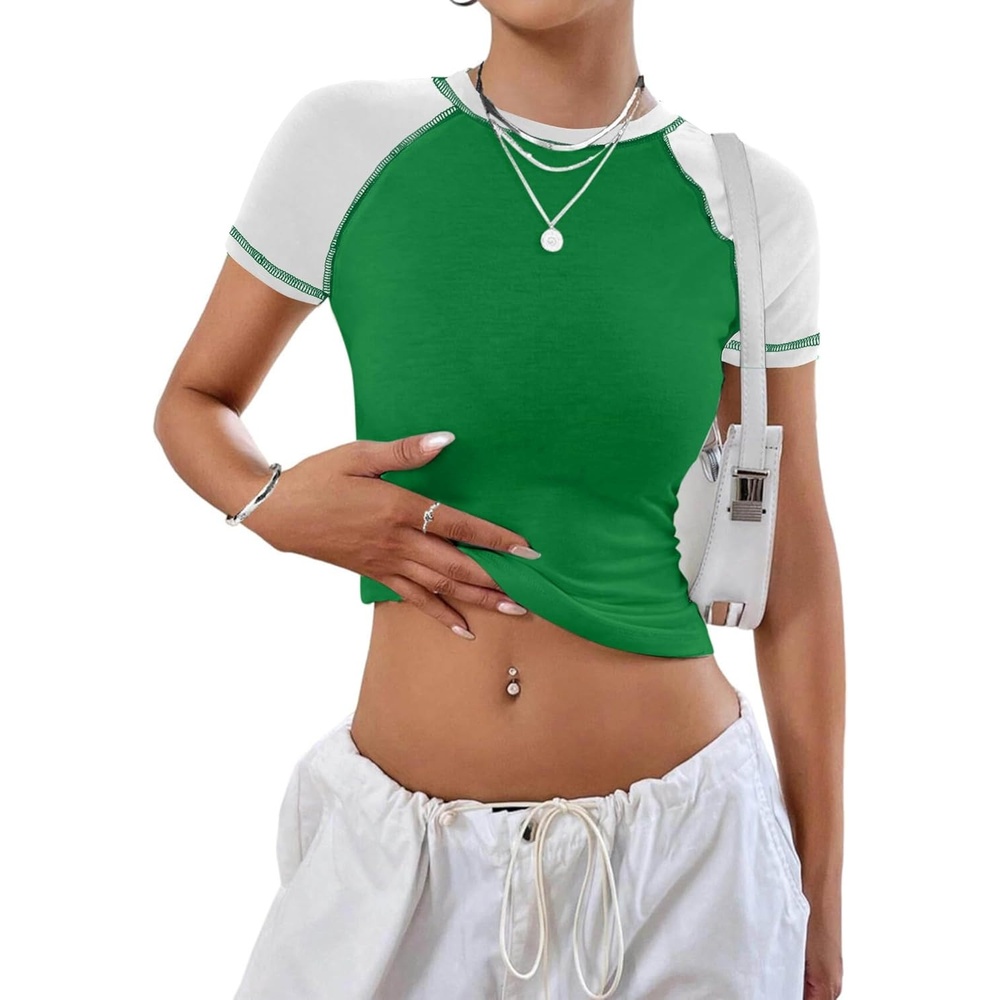 image:imageAvanova Women Raglan Colorblock Baby Tee Shirt Short Sleeve Summer Casual TopsGreen White