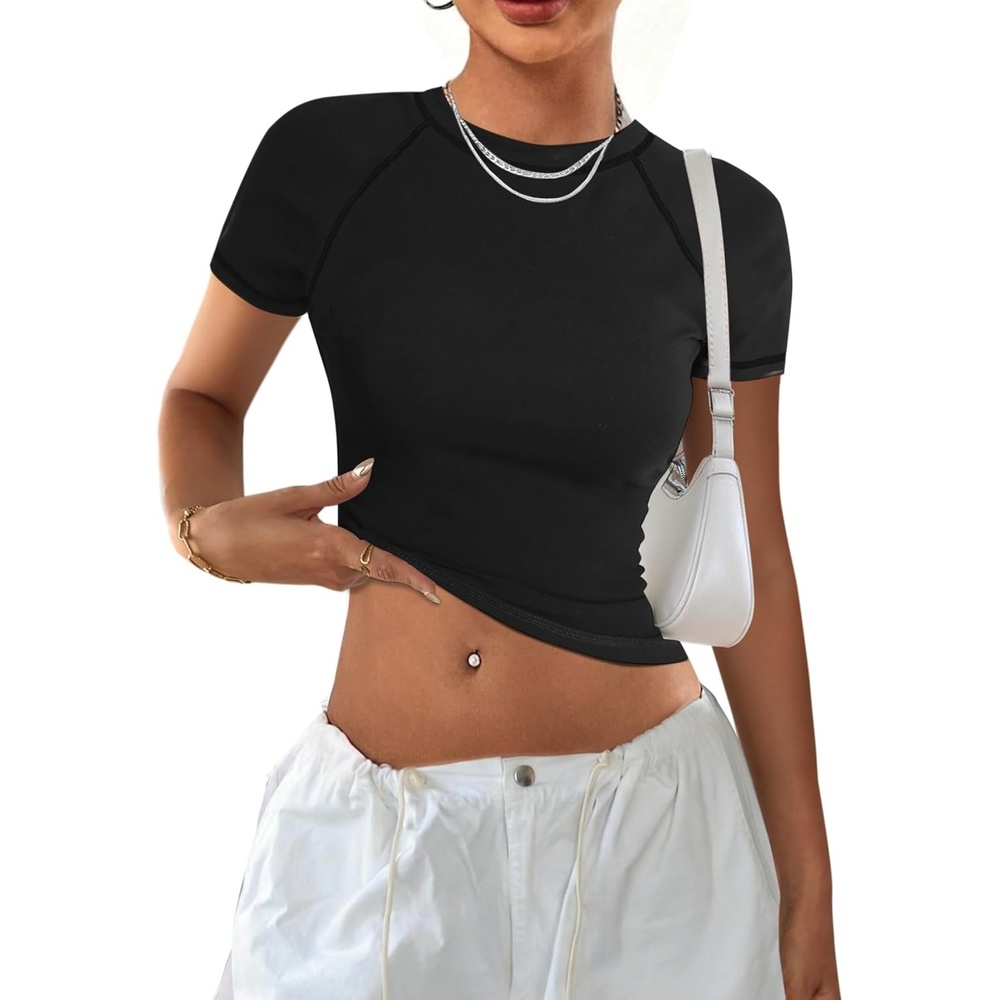 image:imageAvanova Women Raglan Colorblock Baby Tee Shirt Short Sleeve Summer Casual TopsSolid Black