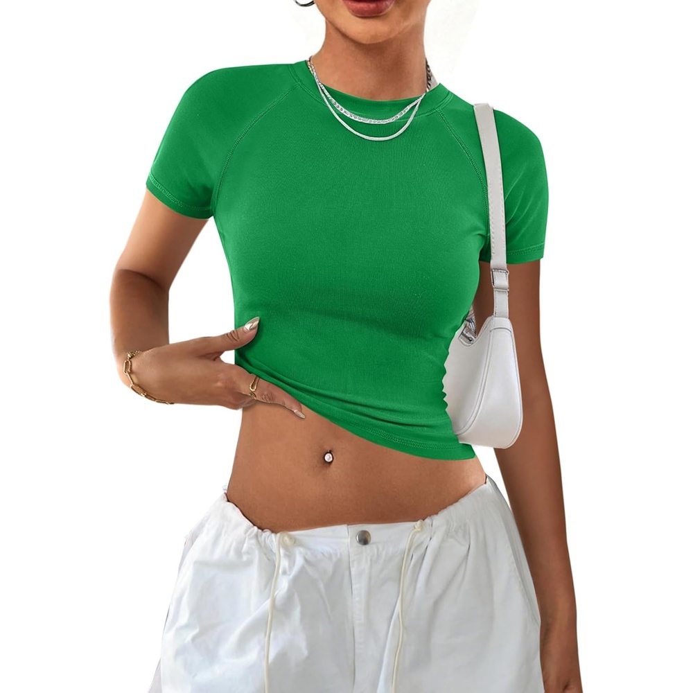 image:imageAvanova Women Raglan Colorblock Baby Tee Shirt Short Sleeve Summer Casual TopsSolid Green