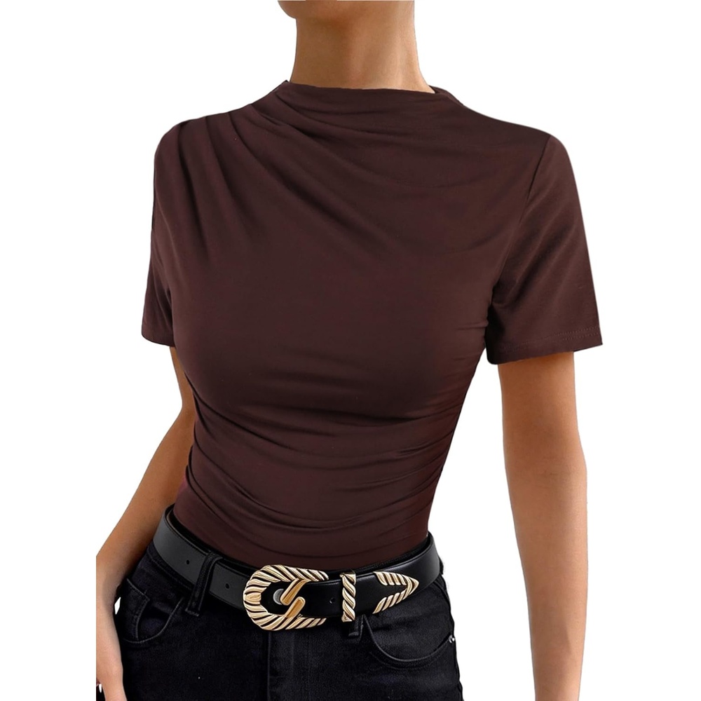image:imageAvanova Women Ruched Mock Neck Tops Short Sleeve Fitted Dressy Casual Business Work ShirtsBrown