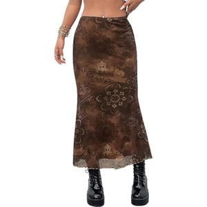 image:imageAvanova Women Boho Floral Mesh Long Skirts Elastic High Waisted Mermaid Hem 90s Grunge Maxi SkirtDark Brown