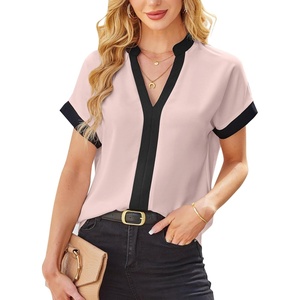 image:imageAvanova Women Color Block V Neck Short Sleeve Blouses Shirts Work Elegant Dressy TopsPink Black