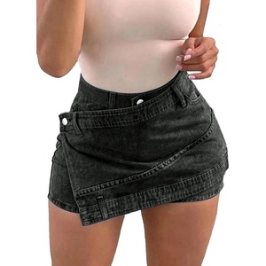 image:imageAvanova Women Denim Mini Skirt Jean Skort Sexy High Waist Asymmetrical Wrap Stretch Short SkirtsBlack D