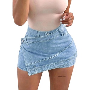 image:imageAvanova Women Denim Mini Skirt Jean Skort Sexy High Waist Asymmetrical Wrap Stretch Short SkirtsBlue F