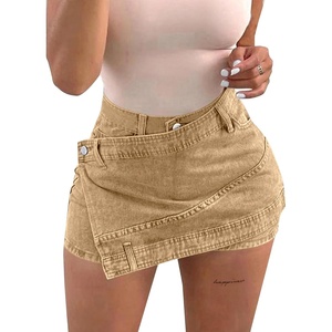 image:imageAvanova Women Denim Mini Skirt Jean Skort Sexy High Waist Asymmetrical Wrap Stretch Short SkirtsKhaki
