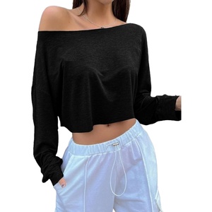 image:imageAvanova Women Off The Shoulder Crop Tops Long Sleeve T Shirts Oversized Loose TeeBlack