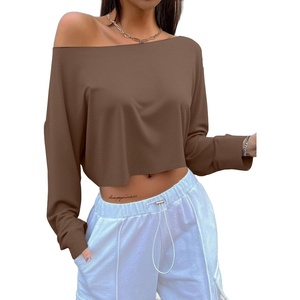 image:imageAvanova Women Off The Shoulder Crop Tops Long Sleeve T Shirts Oversized Loose TeeBrown