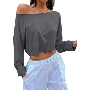 image:imageAvanova Women Off The Shoulder Crop Tops Long Sleeve T Shirts Oversized Loose TeeDrak Grey