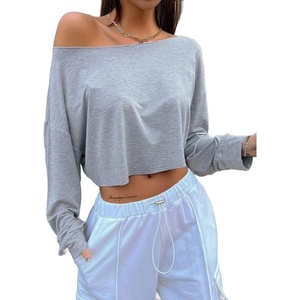 image:imageAvanova Women Off The Shoulder Crop Tops Long Sleeve T Shirts Oversized Loose TeeGrey
